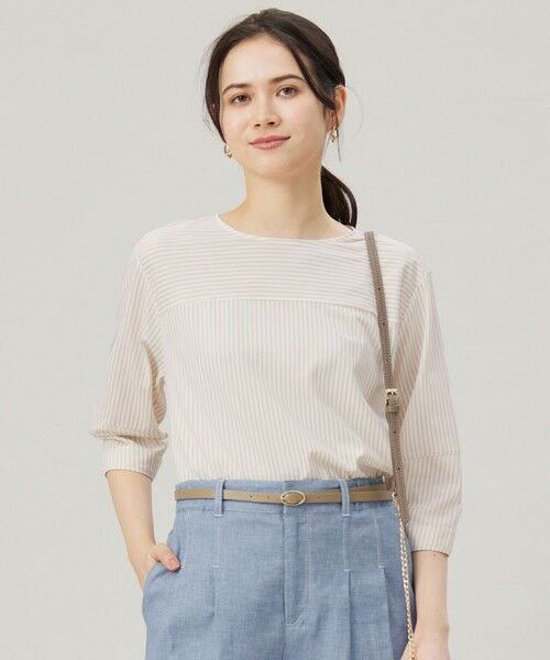 L size ONWARD(大きいサイズ)/エルサイズオンワード 【接触冷感・UVカット・洗える】ストライプコットンハイゲージフォルムスリーブ カットソー オフ×シナモン 44
