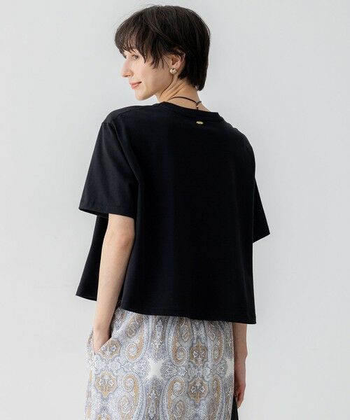 L size ONWARD(大きいサイズ)/エルサイズオンワード 【洗える】スビンギザコットン クロップド Tシャツ ブラック系 46 L size ONWARD(大きいサイズ)/エルサイズオンワード 【洗える】スビンギザコットン クロップド Tシャツ ブラック系 46