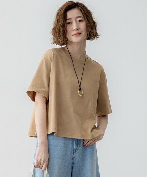 L size ONWARD(大きいサイズ)/エルサイズオンワード 【洗える】スビンギザコットン クロップド Tシャツ キャメル系 46 L size ONWARD(大きいサイズ)/エルサイズオンワード 【洗える】スビンギザコットン クロップド Tシャツ キャメル系 46