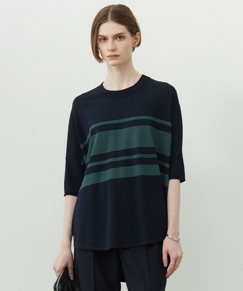 L size ONWARD(大きいサイズ) / エルサイズオンワード ニット・セーター | 【人気のため新色追加・接触冷感・UVカット・洗える】 VIS/NYハイゲージ プルオーバー(ネイビー×ディープパインボーダー系)