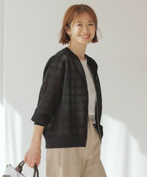 L size ONWARD(大きいサイズ)/エルサイズオンワード 【洗える】SHEER JACQUARD ニット ブルゾン ブラック系 T15 L size ONWARD(大きいサイズ)/エルサイズオンワード 【洗える】SHEER JACQUARD ニット ブルゾン ブラック系 T15