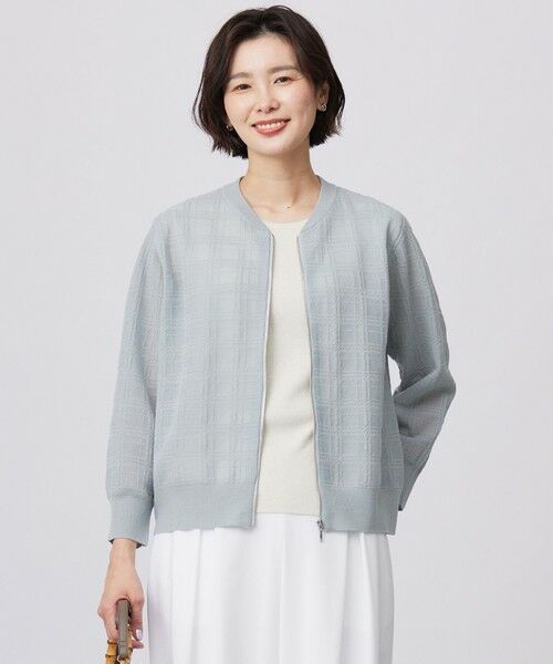 L size ONWARD(大きいサイズ)/エルサイズオンワード 【洗える】SHEER JACQUARD ニット ブルゾン グレイッシュアクア系 T13 L size ONWARD(大きいサイズ)/エルサイズオンワード 【洗える】SHEER JACQUARD ニット ブルゾン グレイッシュアクア系 T13