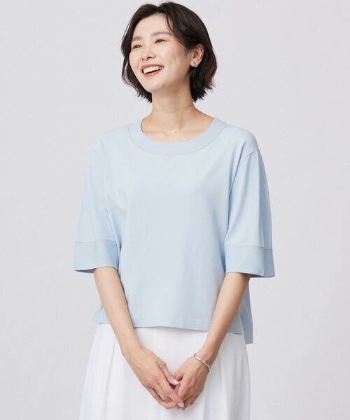 L size ONWARD(大きいサイズ)/エルサイズオンワード 【洗える】RAYON ELITE STRETCH ニットT サックスブルー系 T13 L size ONWARD(大きいサイズ)/エルサイズオンワード 【洗える】RAYON ELITE STRETCH ニットT サックスブルー系 T13