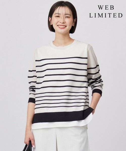 L size ONWARD(大きいサイズ)/エルサイズオンワード 【WEB限定・洗える】Vis/Peスパーク シアー ボーダー ニット ナチュラル×ブラック系 T13 L size ONWARD(大きいサイズ)/エルサイズオンワード 【WEB限定・洗える】Vis/Peスパーク シアー ボーダー ニット ナチュラル×ブラック系 T13