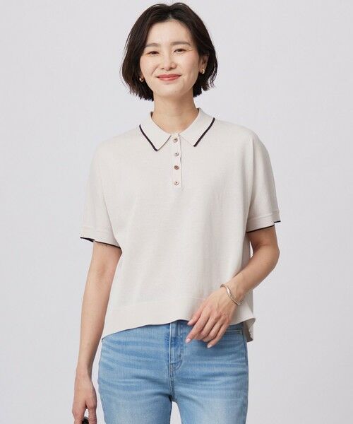 L size ONWARD(大きいサイズ)/エルサイズオンワード 【洗える】DRY COTTON ニットポロ ベージュ×ダークブラウン系 T13 L size ONWARD(大きいサイズ)/エルサイズオンワード 【洗える】DRY COTTON ニットポロ ベージュ×ダークブラウン系 T13