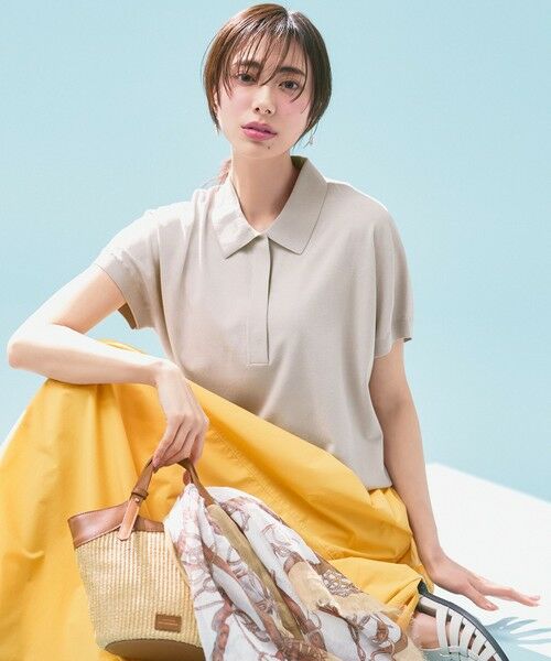 L size ONWARD(大きいサイズ)/エルサイズオンワード 【洗える】レーヨンポリエステルストレッチ フレンチスリーブ ポロニット ベージュ系 46 L size ONWARD(大きいサイズ)/エルサイズオンワード 【洗える】レーヨンポリエステルストレッチ フレンチスリーブ ポロニット ベージュ系 46