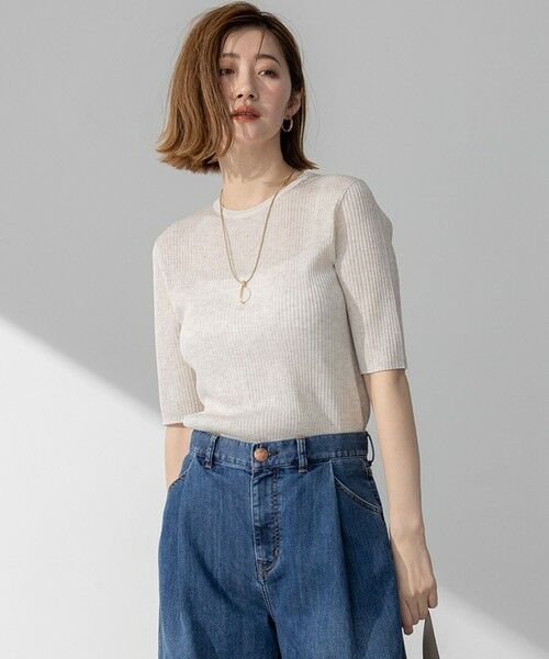 L size ONWARD(大きいサイズ)/エルサイズオンワード 【洗える】シャイニーシアー リブ ニット アイボリー系 46 L size ONWARD(大きいサイズ)/エルサイズオンワード 【洗える】シャイニーシアー リブ ニット アイボリー系 46
