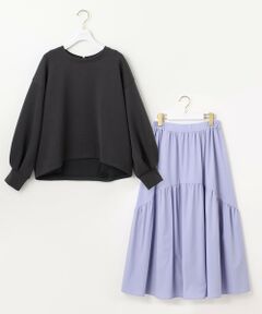 L size ONWARD(大きいサイズ) / エルサイズオンワード セットアップ | 【洗える・2SET】ダンボール プルオーバー×ギャザー スカート