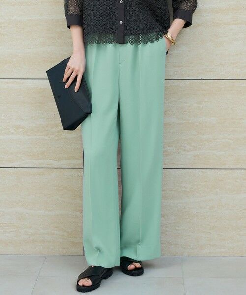L size ONWARD(大きいサイズ) / エルサイズオンワード その他パンツ | 【SHIHOさんコラボ・洗える】バックサテンジョーゼットワイド パンツ(フロスティグリーン)