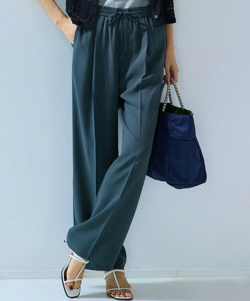 L size ONWARD(大きいサイズ)/エルサイズオンワード 【接触冷感/UVカット/吸水速乾】ストレッチジョーゼット ワイド パンツ ダークグリーン系 48