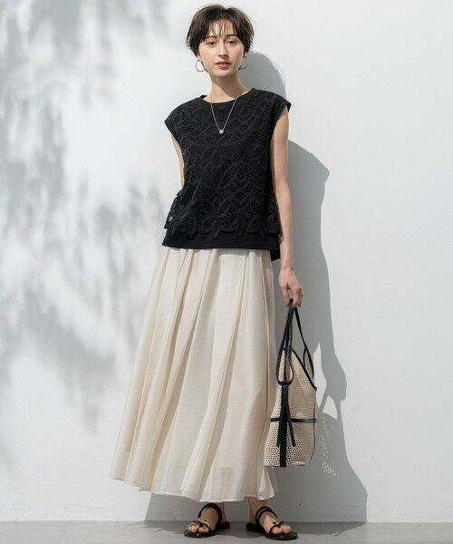 L size ONWARD(大きいサイズ) / エルサイズオンワード ミニ・ひざ丈スカート | 【洗える】ソフトオーガンジー タック スカート | 詳細6