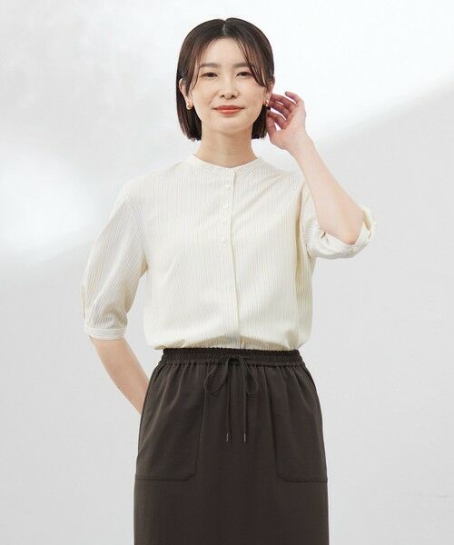 L size ONWARD(大きいサイズ) / エルサイズオンワード シャツ・ブラウス | 【洗える】ストライプ バンドカラー ブラウス（イエローストライプ系）