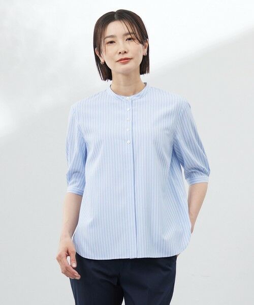 L size ONWARD(大きいサイズ) / エルサイズオンワード シャツ・ブラウス | 【洗える】ストライプ バンドカラー ブラウス（サックスストライプ系）