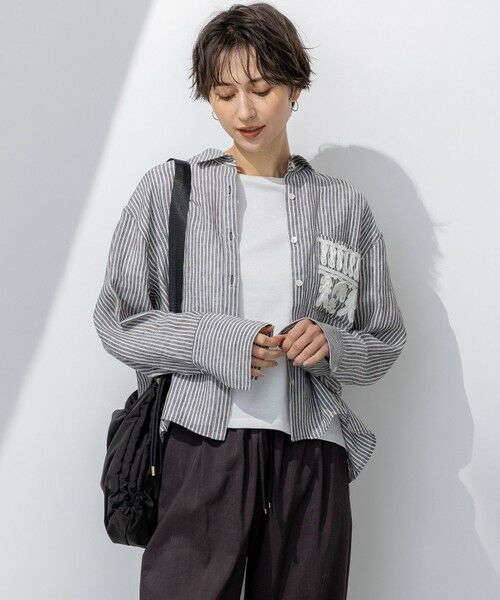 L size ONWARD(大きいサイズ)/エルサイズオンワード 【洗える】LIBECO クロップド シャツ ダークブラウンストライプ 46 L size ONWARD(大きいサイズ)/エルサイズオンワード 【洗える】LIBECO クロップド シャツ ダークブラウンストライプ 46