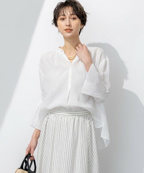 L size ONWARD(大きいサイズ)/エルサイズオンワード 【洗える】LIBECO タックスリーブ シャツ ホワイト 44 L size ONWARD(大きいサイズ)/エルサイズオンワード 【洗える】LIBECO タックスリーブ シャツ ホワイト 44