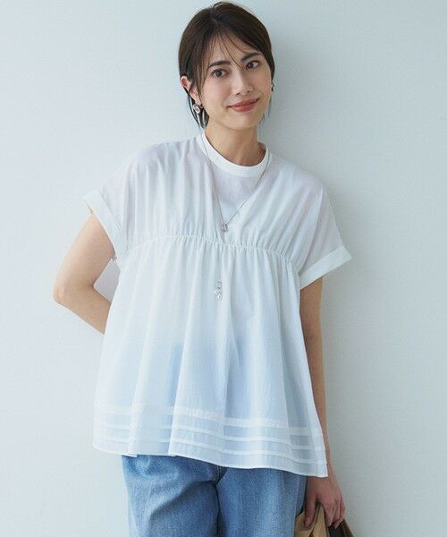 L size ONWARD(大きいサイズ)/エルサイズオンワード 【撥水加工/洗える】シアーナイロンツイル ギャザー ブラウス ホワイト系 44