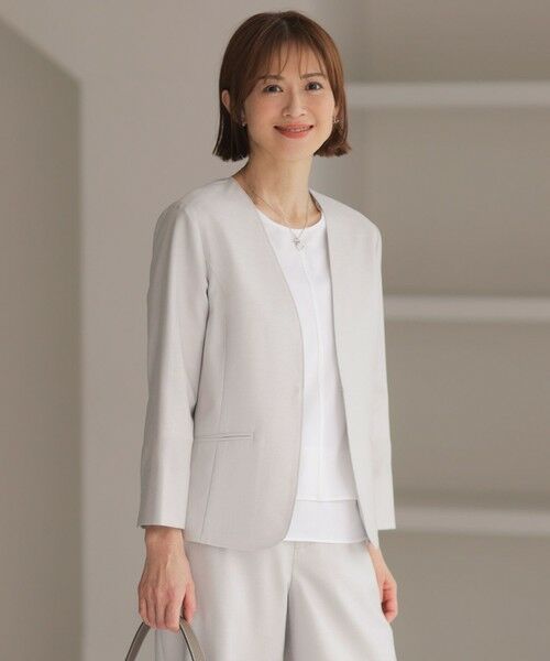 L size ONWARD(大きいサイズ)/エルサイズオンワード 【セットアップ対応・洗える・UVケア・吸水速乾】OXIJEWELストレッチ ノーカラー ジャケット ライトグレー系 T13 L size ONWARD(大きいサイズ)/エルサイズオンワード 【セットアップ対応・洗える・UVケア・吸水速乾】OXIJEWELストレッチ ノーカラー ジャケット ライトグレー系 T13