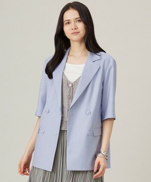 L size ONWARD(大きいサイズ)/エルサイズオンワード 【洗える】ハーフスリーブ ジャケット サックス 44