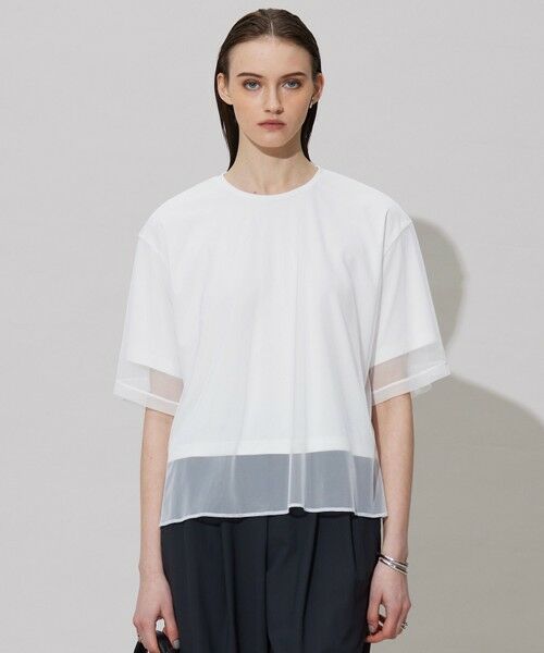 L size ONWARD(大きいサイズ)/エルサイズオンワード 【接触冷感・UVケア・速乾・洗える】 チュールレイヤード カットソー オフホワイト系 L