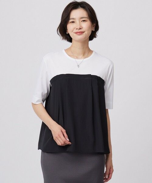 L size ONWARD(大きいサイズ) / エルサイズオンワード カットソー | 【洗える】ドッキングジャージー ビスチェライク プルオーバー(オフ×ブラック系)