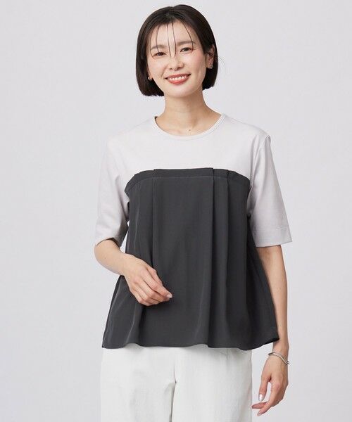 L size ONWARD(大きいサイズ) / エルサイズオンワード カットソー | 【洗える】ドッキングジャージー ビスチェライク プルオーバー(グレージュ×スレート系)