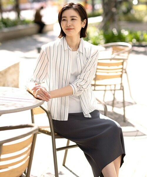 L size ONWARD(大きいサイズ) / エルサイズオンワード カットソー | 【洗える】ランダムストライプ シアー シャツカラー カットソー | 詳細3