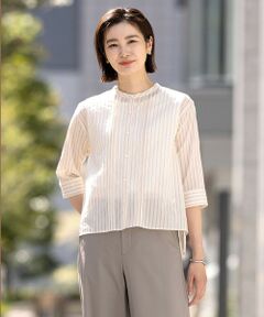 L size ONWARD(大きいサイズ) / エルサイズオンワード カットソー | 【洗える】シアーピンストライプ ブラウスライク カットソー