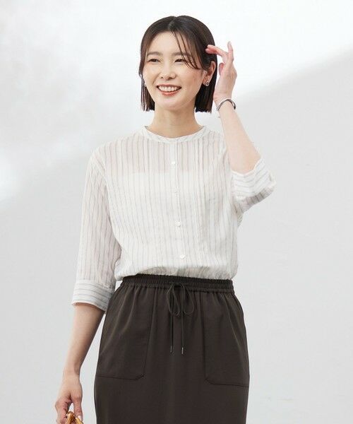 L size ONWARD(大きいサイズ) / エルサイズオンワード カットソー | 【洗える】シアーピンストライプ ブラウスライク カットソー(オフ×ダークブラウン系)