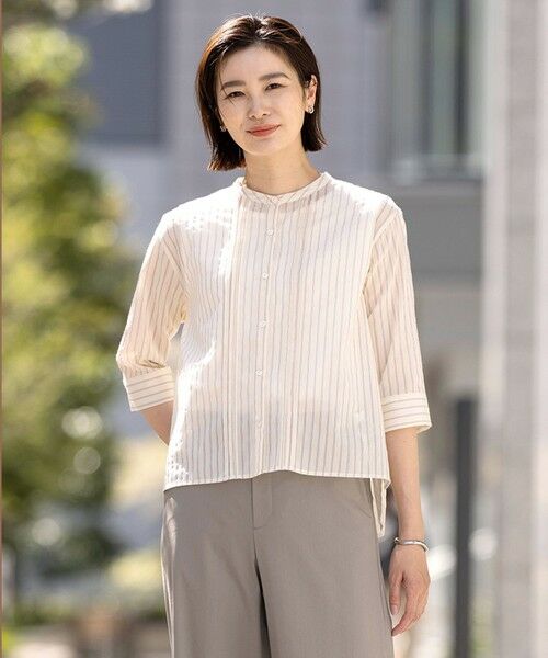 L size ONWARD(大きいサイズ)/エルサイズオンワード 【洗える】シアーピンストライプ ブラウスライク カットソー イエローベース系 T15 L size ONWARD(大きいサイズ)/エルサイズオンワード 【洗える】シアーピンストライプ ブラウスライク カットソー イエローベース系 T15