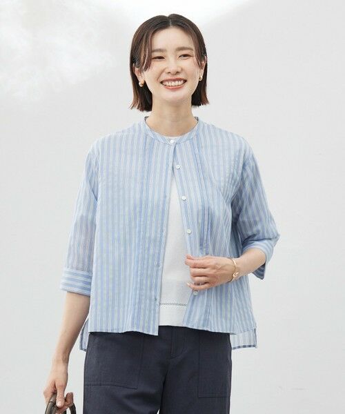 L size ONWARD(大きいサイズ) / エルサイズオンワード カットソー | 【洗える】シアーピンストライプ ブラウスライク カットソー(サックスベース系)