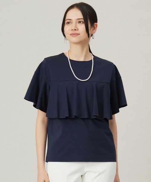 L size ONWARD(大きいサイズ)/エルサイズオンワード 【接触冷感・UVカット・吸水速乾・抗菌防臭・洗える】ハイツイストポンチフレアディティール カットソー ネイビー 46