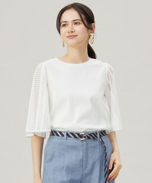 L size ONWARD(大きいサイズ)/エルサイズオンワード 【洗える】レースエッジフレアスリーブ トップス オフ 46