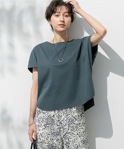L size ONWARD(大きいサイズ)/エルサイズオンワード 【洗える】スムースデザイン フレンチスリーブ Tシャツ ダークグリーン系 44 L size ONWARD(大きいサイズ)/エルサイズオンワード 【洗える】スムースデザイン フレンチスリーブ Tシャツ ダークグリーン系 44