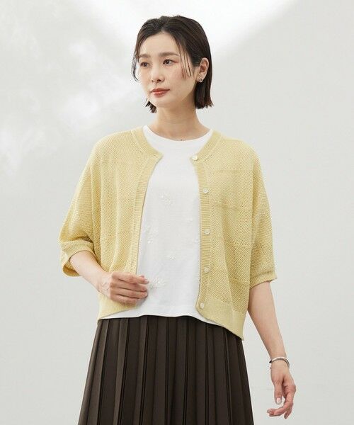 L size ONWARD(大きいサイズ)/エルサイズオンワード 【洗える】PATTERN MESH ドルマンスリーブ カーディガン イエロー系 T13