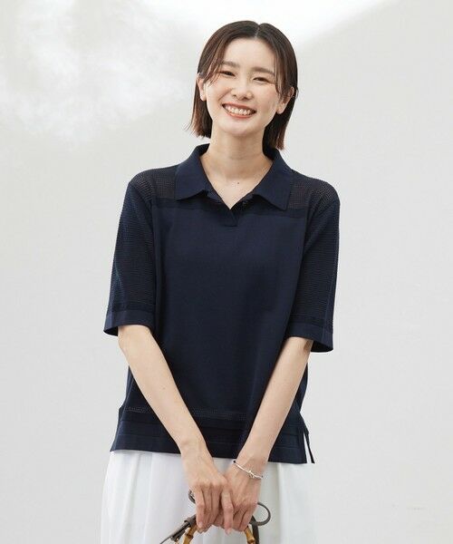 L size ONWARD(大きいサイズ)/エルサイズオンワード 【洗える】COTTON POLYESTER ニットポロ ネイビー系 T13