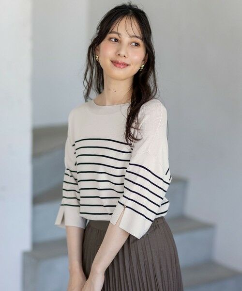 L size ONWARD(大きいサイズ) / エルサイズオンワード ニット・セーター | 【接触冷感・UVカット・洗える】ビューティクールボートネック プルオーバー（ライトベージュ×ブラック）