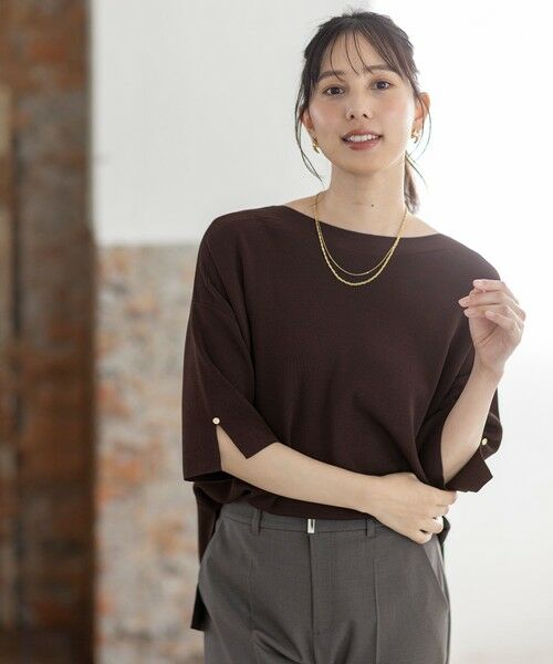 L size ONWARD(大きいサイズ) / エルサイズオンワード ニット・セーター | 【接触冷感・UVカット・洗える】ビューティクールボートネック プルオーバー（ブラウン）