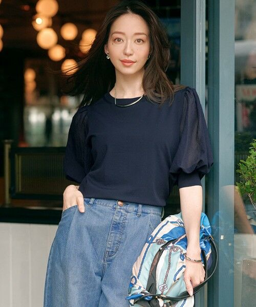 L size ONWARD(大きいサイズ)/エルサイズオンワード 【洗える】シアーチェッククロスコンビ ニット ネイビー系 46 L size ONWARD(大きいサイズ)/エルサイズオンワード 【洗える】シアーチェッククロスコンビ ニット ネイビー系 46