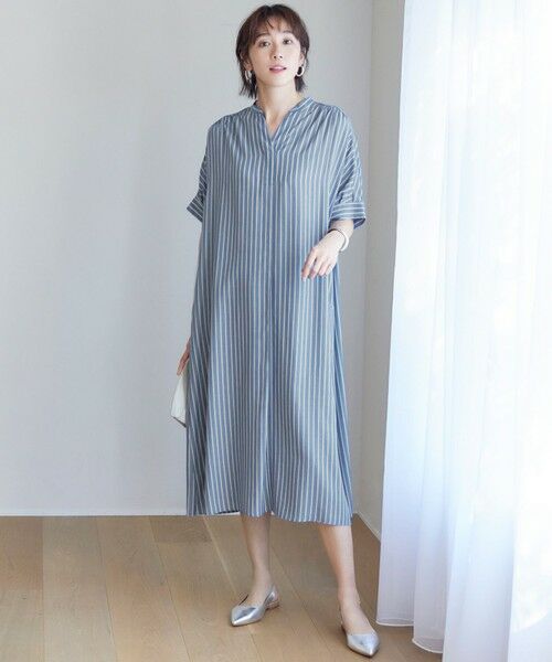 L size ONWARD(大きいサイズ)/エルサイズオンワード 【接触冷感・UVケア・抗菌防臭・洗える】リヨセルポプリンシャツ ワンピース ブルーストライプ 44 L size ONWARD(大きいサイズ)/エルサイズオンワード 【接触冷感・UVケア・抗菌防臭・洗える】リヨセルポプリンシャツ ワンピース ブルーストライプ 44