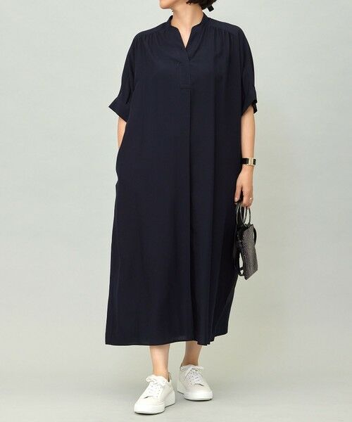 L size ONWARD(大きいサイズ)/エルサイズオンワード 【接触冷感・UVケア・抗菌防臭・洗える】リヨセルポプリンシャツ ワンピース [新色]ネイビー 46