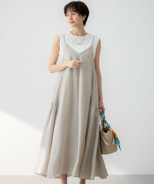 M～XL【新品インポートセレクト】ベージュ極細プリーツミモレ丈フレアワンピース セール】 【杏さん着用/接触冷感性】フィブリルツイル