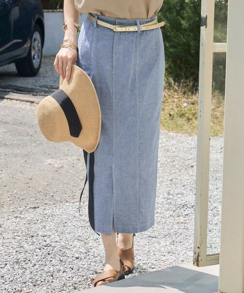 L size ONWARD(大きいサイズ)/エルサイズオンワード 【洗える】コットンリネンシャンブレー スカート ライトブルー系 44