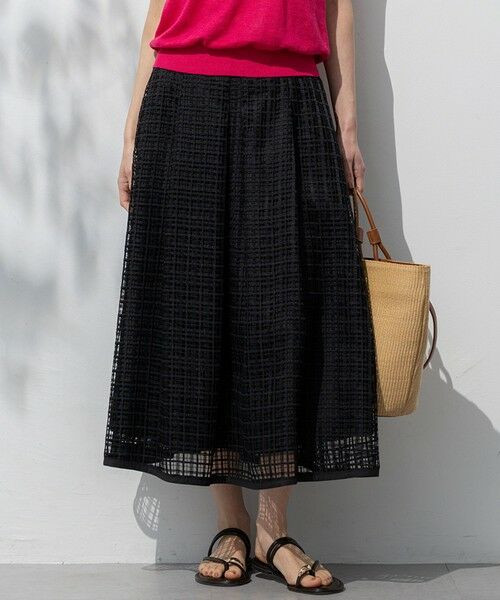 L size ONWARD(大きいサイズ) / エルサイズオンワード ミニ・ひざ丈スカート | 【洗える】Broche チェックレース スカート（ブラック系）