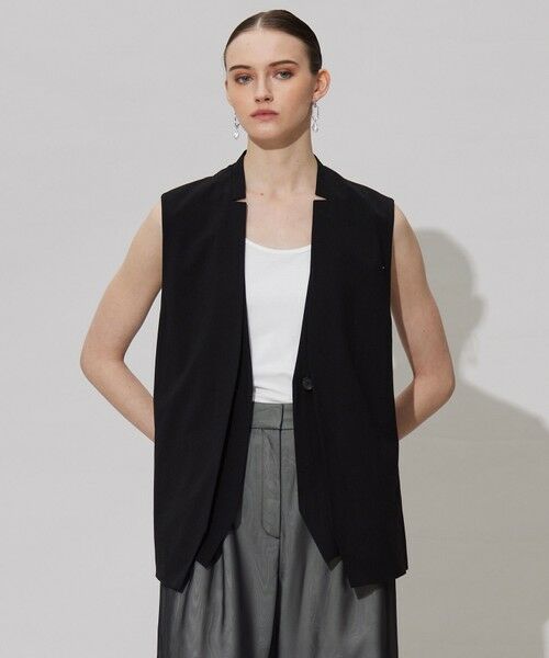 L size ONWARD(大きいサイズ)/エルサイズオンワード 【接触冷感・UVカット・洗える】 T/Rドライリネン ジレ ブラック系 42