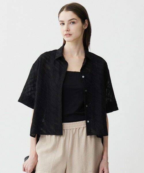 L size ONWARD(大きいサイズ)/エルサイズオンワード 【洗える】ゼブラシアーJQ クロップドシャツ ブラック系 42 L size ONWARD(大きいサイズ)/エルサイズオンワード 【洗える】ゼブラシアーJQ クロップドシャツ ブラック系 42