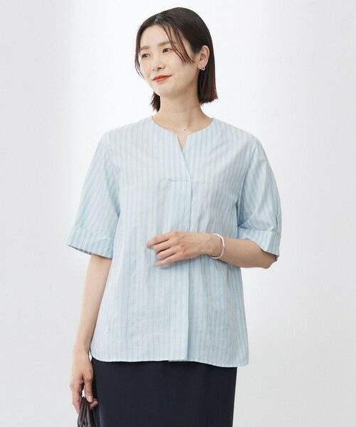 L size ONWARD(大きいサイズ)/エルサイズオンワード 【洗える】BEZ 空羽ストライプ クルーネック ブラウス アクアグリーン系 T13