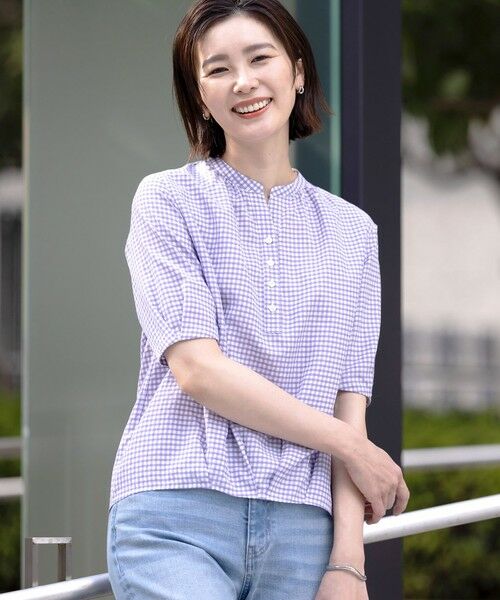 L size ONWARD(大きいサイズ) / エルサイズオンワード シャツ・ブラウス | 【洗える】アセVisギンガム バンドカラー ブラウス | 詳細12