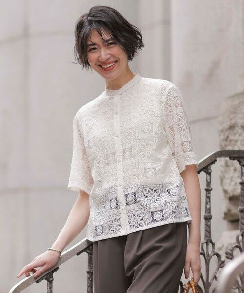 L size ONWARD(大きいサイズ) / エルサイズオンワード シャツ・ブラウス | 【洗える】モザイクレース ハーフスリーブ ブラウス(アイボリー系)