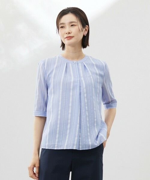 L size ONWARD(大きいサイズ) / エルサイズオンワード シャツ・ブラウス | 【洗える】SHEERストライプ クルーネック ブラウス(サックスストライプ系)