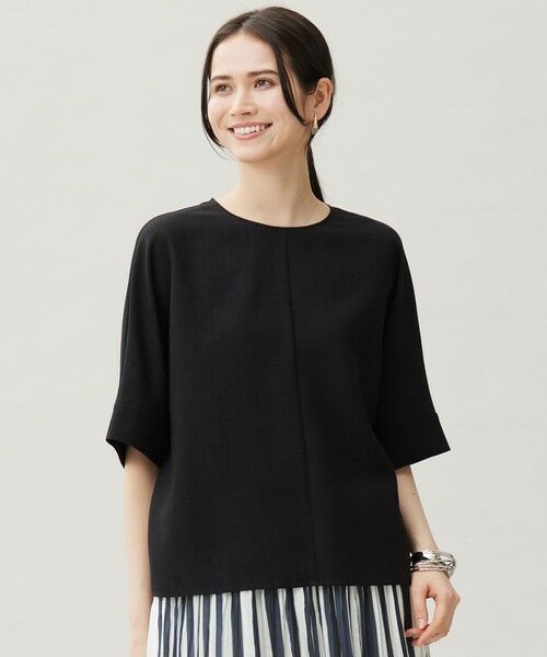 L size ONWARD(大きいサイズ)/エルサイズオンワード 【セットアップ対応・接触冷感・UVカット・洗える】ライトリネンライク Tブラウス ブラック 44